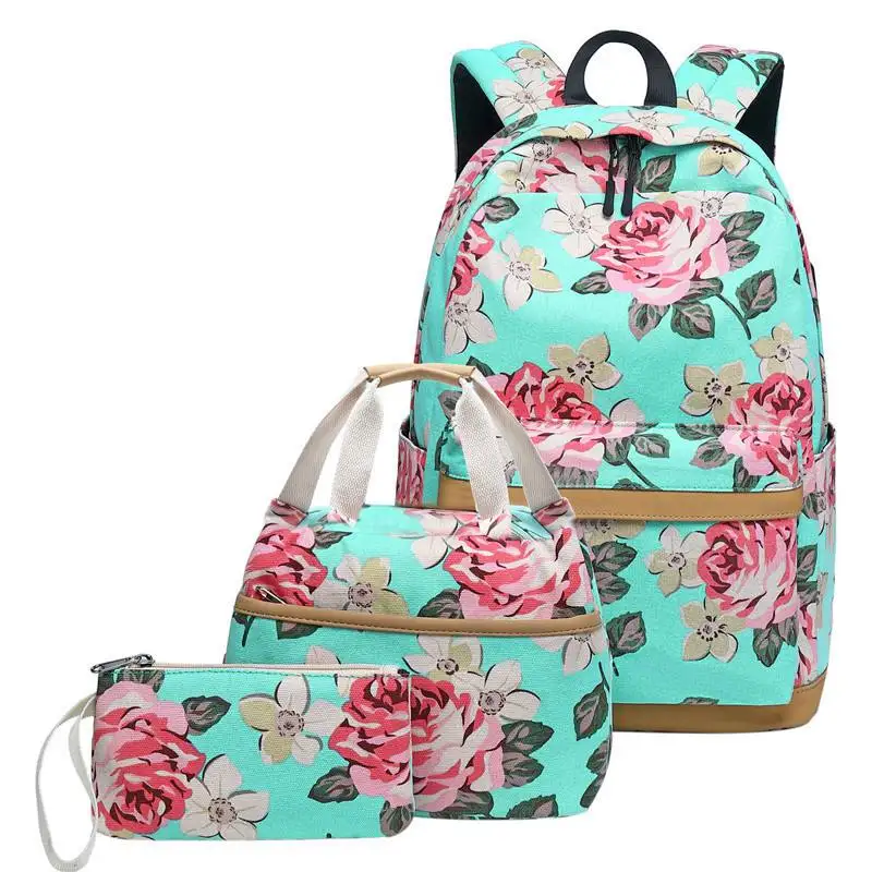 Для подростков, школьный рюкзак, набор из плотной ткани с цветочным принтом; платье принцессы для девочек, детские школьные рюкзаки, детские рюкзаки, портфели, сумки для школы - Цвет: green set