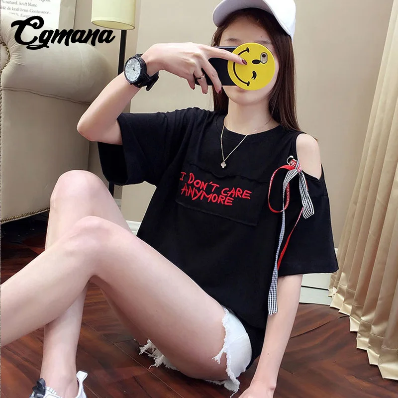 CGmana T Shirt Women 2018 Letter Printed Cotton T-shirt Female Strapless Ribbon Loose Short-Sleeved Women T-shirt Casual Top Tee Tops