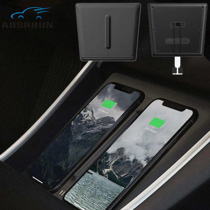 

Interior front Center Console Wireless Charger Dual USB Ports Dual Phones Charging Car Accessories for Tesla Mode 3 2017 2019