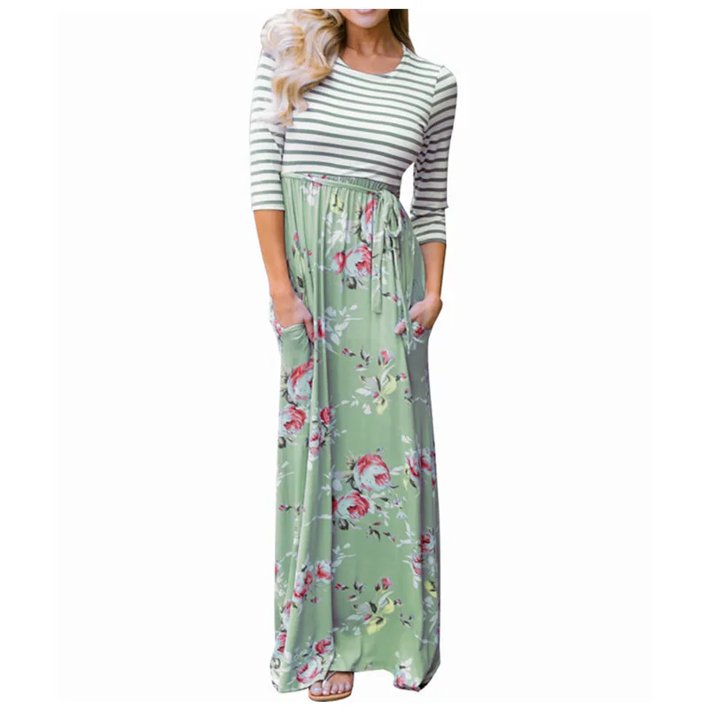 

Striped Patchwork Beach Long Dress Boho Floral Printed Women Maxi Sundress Summer Female Printed Pockets Dress Plus Size GV368