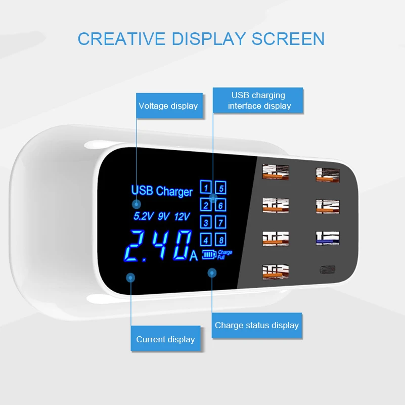 Быстрая зарядка QC3.0 usb type C умная зарядная станция светодиодный дисплей Быстрая зарядка 8 портов телефон планшет USB зарядное устройство адаптер с ЕС/США
