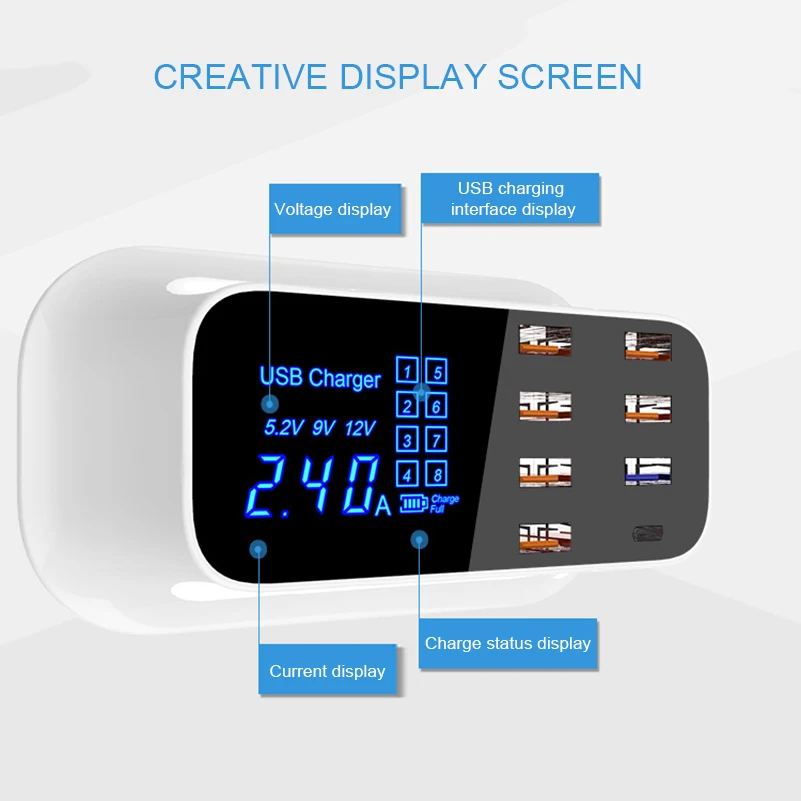 Quick Charge QC3.0 USB Type C Smart Charger Station Led Display Fast Charging 8 port Phone Tablet USB Charger Adapter with EU/US