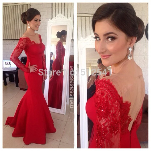 

Long Sleeves Red Evening Dresses Mermaid Trumpet Sweetheart Lace Applique Satin Zipper Back Beads Formal Gowns yk1A889