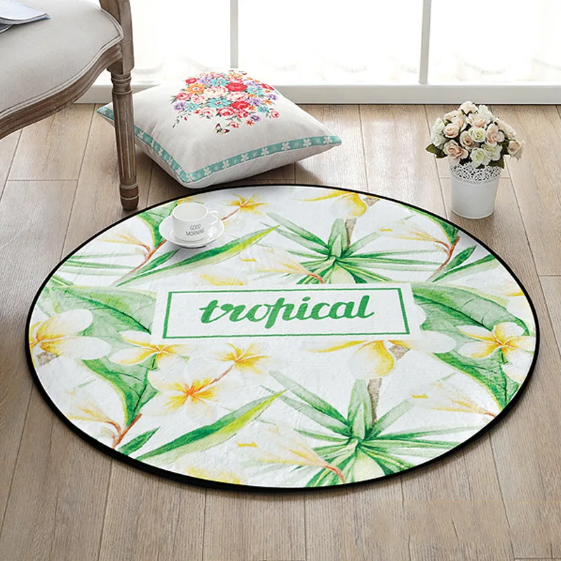 Tropical Leaf Yellow Flower Round Carpet For Living Room Children