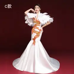Модные Белые вышивка Cheongsam современном этапе Show Длинные платья Qi Pao Для женщин Китайский элегантное вечернее платье русалки Qipao