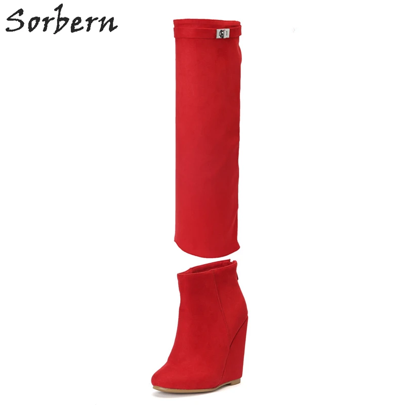 Sorbern Botas de dos formas de uso para mujer, zapatos de plataforma con  tacón de cuña roja, de otoño|Botas a media pantorrilla| - AliExpress
