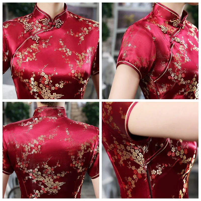 Черный, красный китайское традиционное платье Для женщин Cheongsam Qipao летние шорты рукавом длинное платье цветок размеры S M L XL XXL 3XL 020204