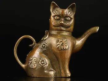 

Chinese Collectible Decorate Handwork Old Copper carving cat Lucky Tea pot