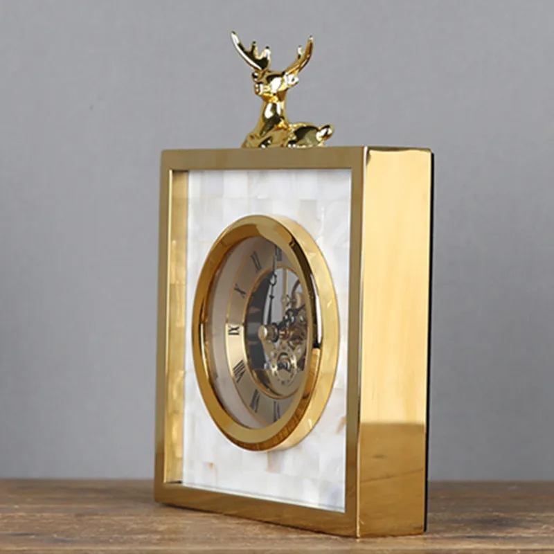 Белые металлические часы в виде ракушки с оленем, гостиной, ТВ, шкаф, украшение стола, креативные настольные декоративные часы с оленем, лучший подарок