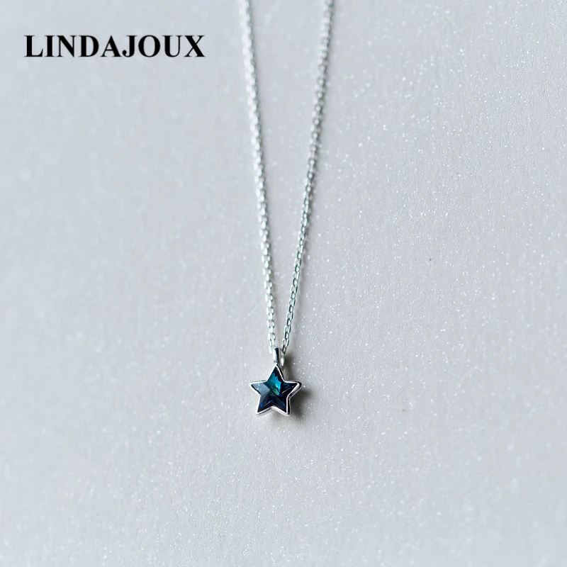 

LINDAJOUX 925 Sterling Silver Blue Zircon Star Pendant Necklace For Women Female Sterling-Silver-Jewelry Chain