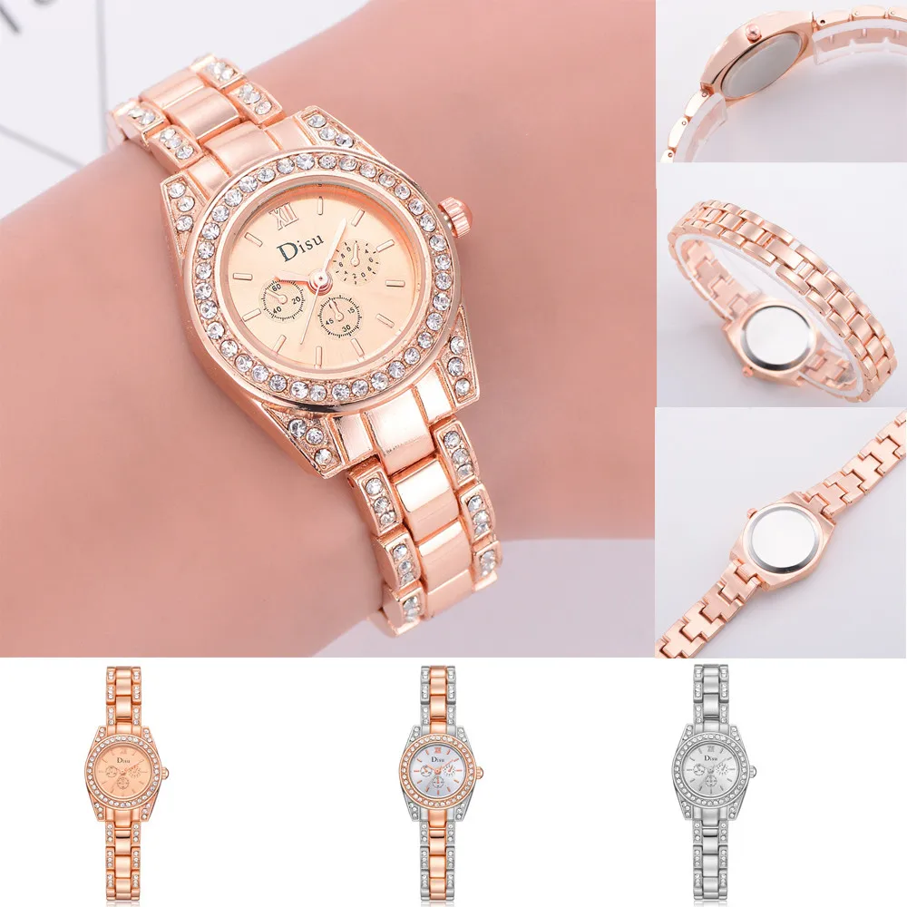 Женские Элегантные Роскошные Кварцевые часы-браслет, стразы, с покрытием из розового золота