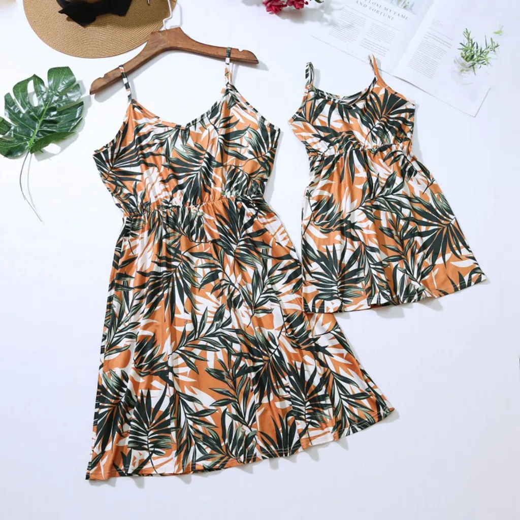 

V-Collar Sling Summer Children Girls Leaves Short Sleeve Dress Clothes Matching Family Party Play Clothes Girl Dress