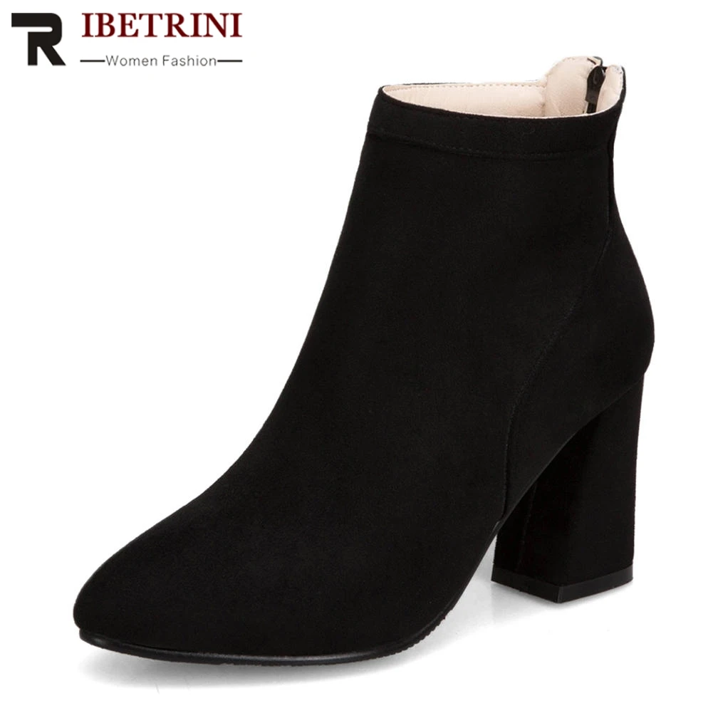 

RIBETRINI Size 34-50 Chunky High Heels Pointed Toe Rubber Sole Zipper Autumn Shoes Woman Winter Ankle Boots