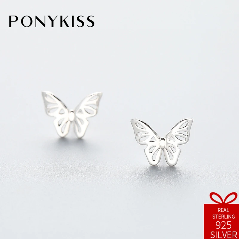 

PONYKISS 100% 925 Sterling Silver Romantic Hollow Butterfly Stud Earrings Women Prevent Allergy Fine Jewelry Birthday Party Gift