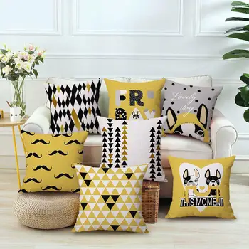 

Double Sides Print Cute Cartoon Yellow Pillow Cover Lovely Dog Corgi Moustache Geometric Cushion Covers For Kids Room Decoration