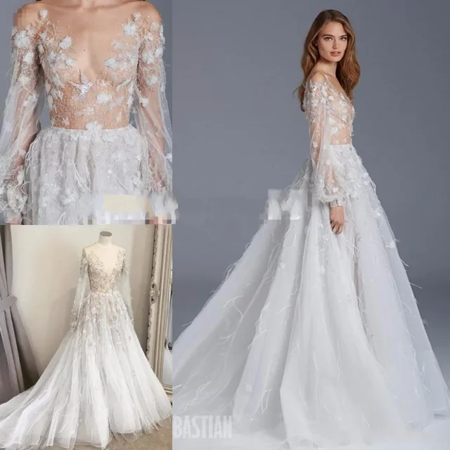 2017 Paolo Sebastian Wedding Dresses With Long Sleeve Real Image 2017 Paolo Sebastian Wedding Dresses With Long Sleeve Real Image Stunning Detail Handmade Fl Feather Country