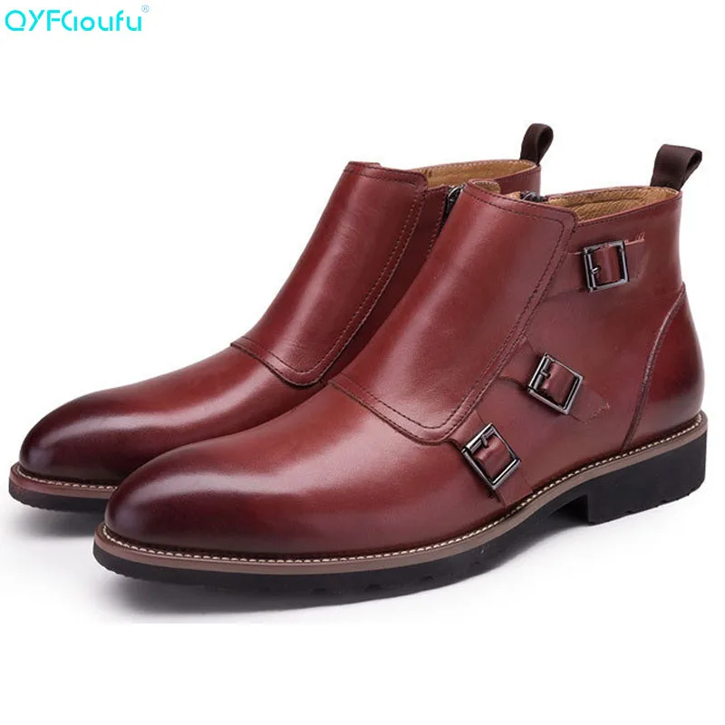 

QIUFU Zipper / Monk Strap Men's Chelsea Boots Genuine Leather Business Dress Boots Male British Style Short Ankle Boots For Man