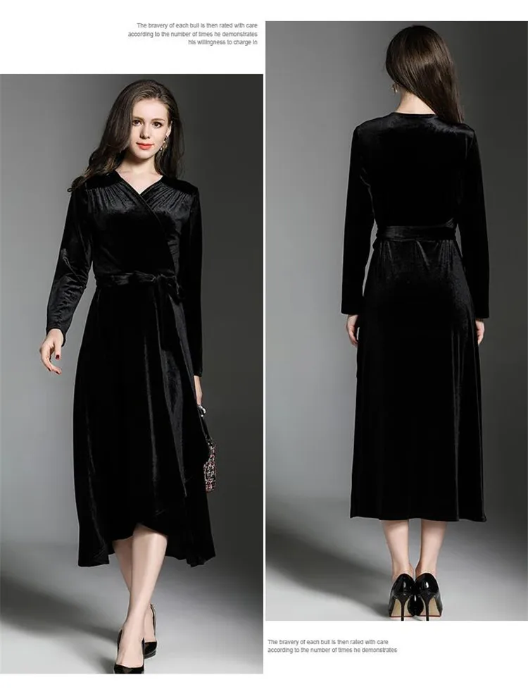Новинка, бархатное сексуальное Элегантное макси платье, Vestidos, для женщин, весна-осень, с оборками, облегающее и расклешенное, велюровое платье, черное, плюс размер, M-8XL