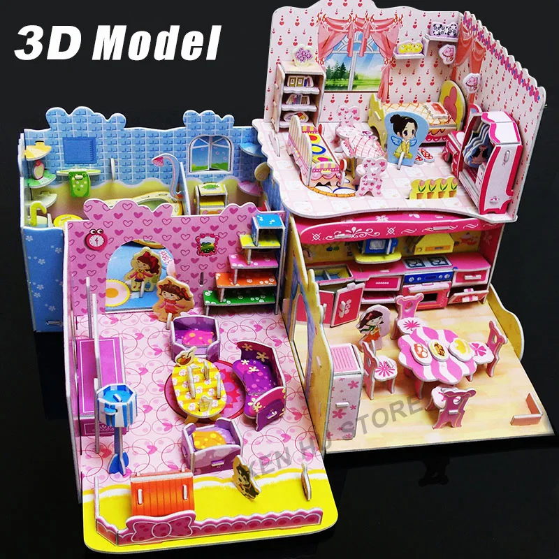 3D enfants jouets puzzle chambre cuisine salon salle de bains papier modèle kit de construction jouets cadeau pour enfants filles