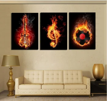 

3 Piece Wall Art Canvas Decorative Paintings for Living Room Wall Poster Fashion Art Flaming Musical Instruments Guitar Painting