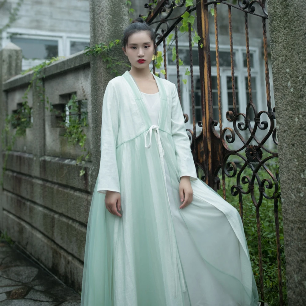 

MM203 New Arrival Autumn 2017 chinese style long robe coat vintage tulle skirt type trench coat women