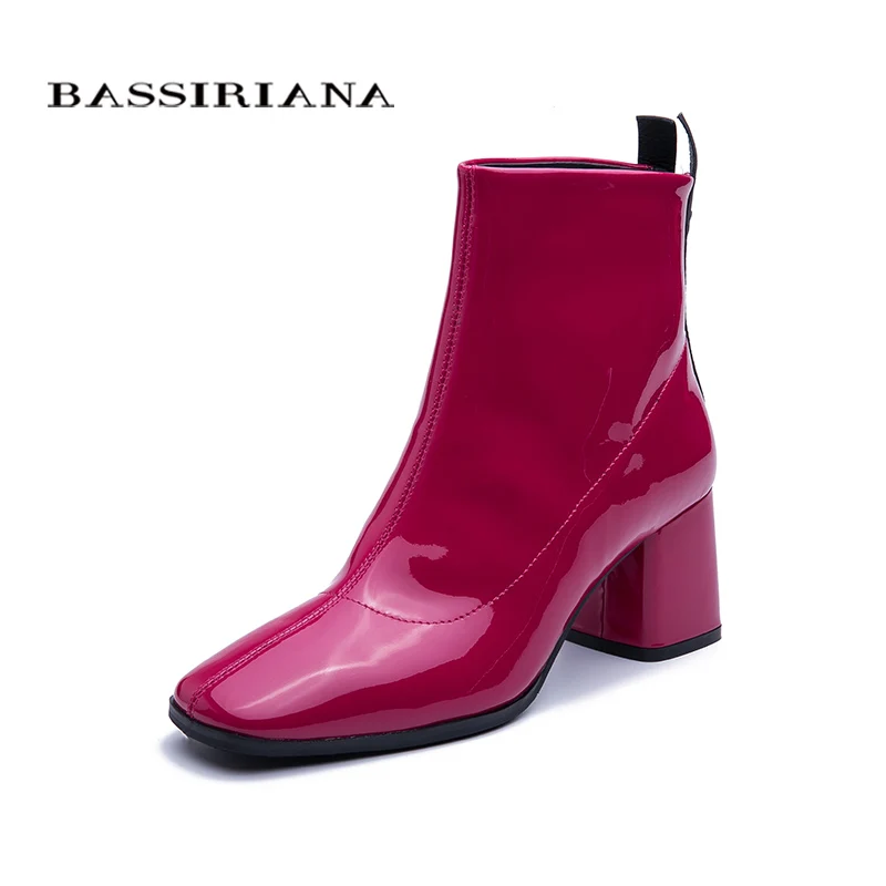 

BASSIRIANA 2019 New model boots for women Genuine leather shoes High heel booties Pink lacquered leather