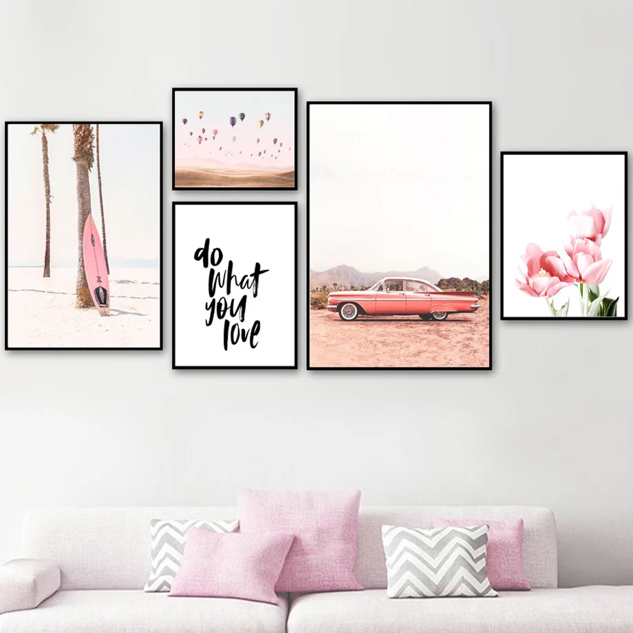 Розовый пляжный автомобиль огненный шар Тюльпан Цветок настенная живопись на холсте скандинавские плакаты и принты настенные картины для декора гостиной