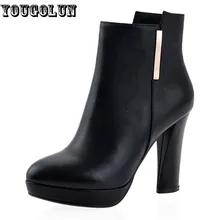Winter Echtem Leder Frauen Stiefeletten High heels Mode Plattform Damen Stiefel Sexy Frau Schwarz Runde Kappe Starke Ferse Schuh