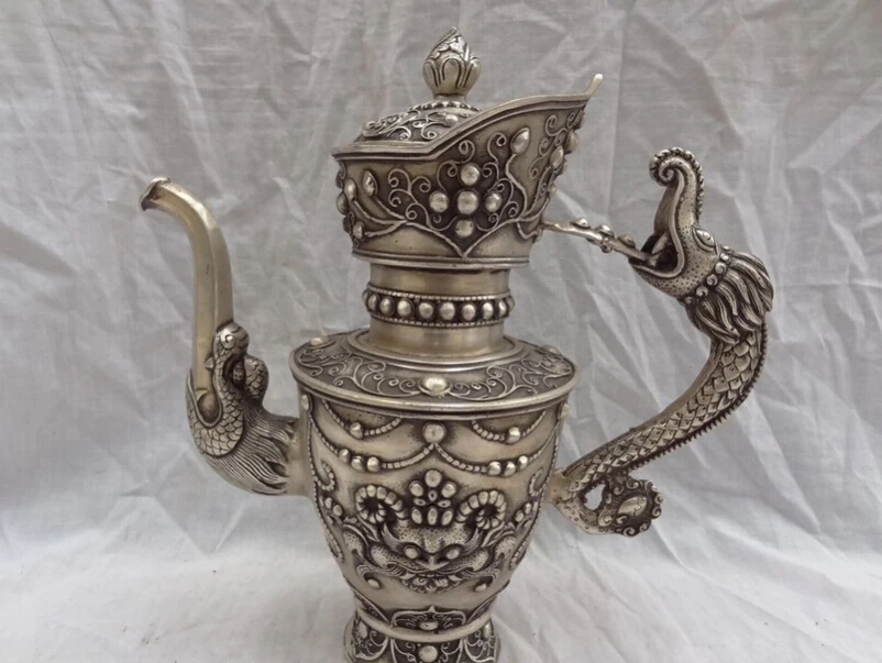

song voge gem S3851 10" Chinese Silver Carved Dragon Head Lion Statue Brass Wine Pot Teapot Flagon
