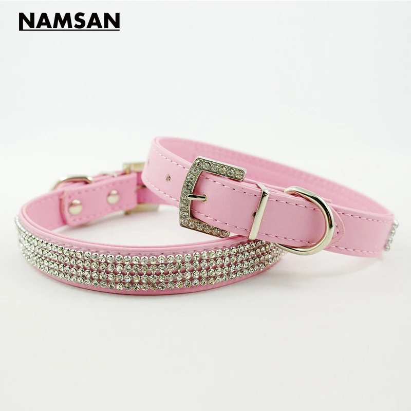 Namsan Bling Rhinestone Dog Collars Pet PU Leather Crystal Diamond