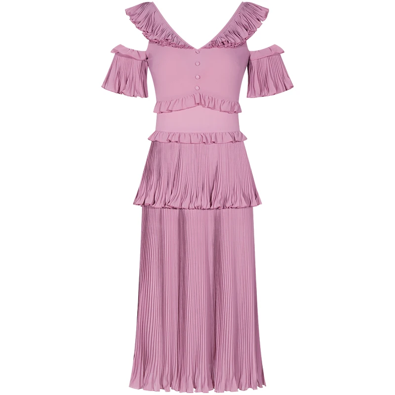 YIGELILA, женское шифоновое платье, летняя мода, v-образный вырез, с открытыми плечами, с оборками, Империя, тонкое, длинное, праздничное платье 63967 - Цвет: Лаванда