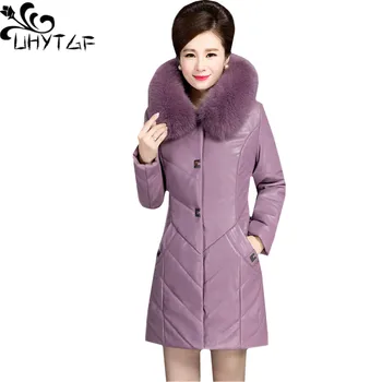 

UHYTGF XL-6XL Fashion Fur collar leather jacket women's Hooded cotton warm winter outerwear Female Slim long Leather jackets 117