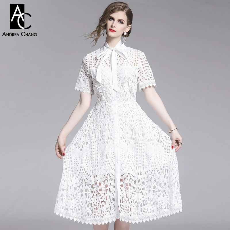 

S-XXL spring summer woman dress floral pattern hollow out embroidery lace dress collar ribbon mid calf length black white dress