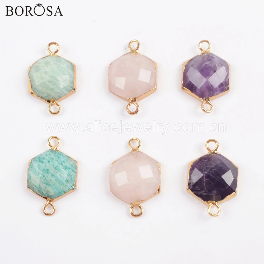 

BOROSA 10PCS Hexagon Gold Color Amazon Stone Pink Quartz Faceted Connector Amethysts Double Charms Jewelry for Bracelet G1704