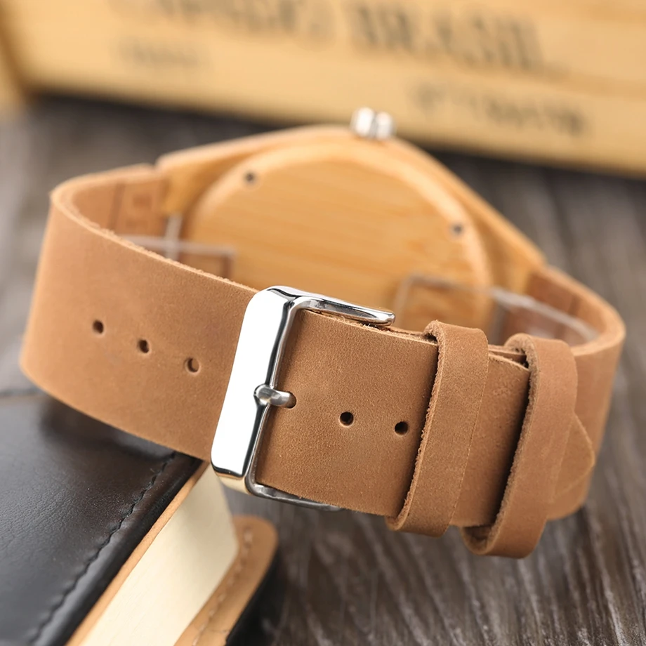 YISUYA Men Bamboo Watches Brown Natural Genuine Leather Strap Wooden Wrist Watch Quartz Clock Watch Casual for Women Best Gift (10)