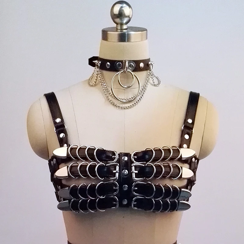 Черное бондажное кожаное колье ручной работы в вечерние ле панк 100%|harness punk|bondage