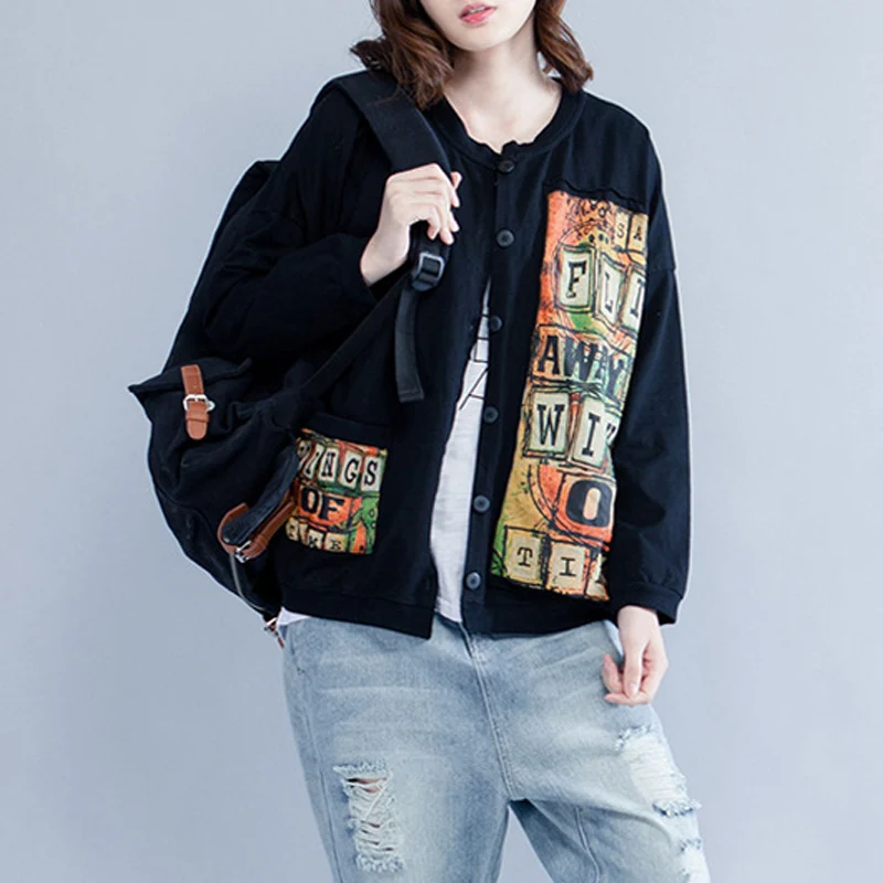 

Johnature Women Black Jackets Print Floral Casual Coats 2019 Autumn New O-Neck Long Sleeve Cotton Pockets Loose Women Coats