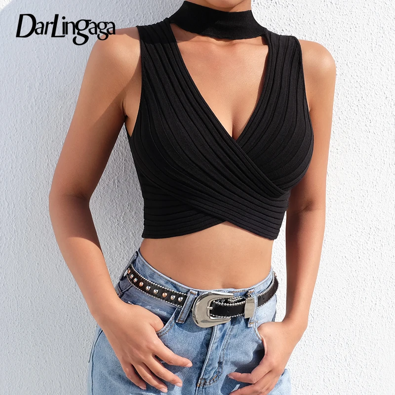 

Darlingaga Choker V neck knitted tank top cropped vest sexy cross summer crop top fashion 2019 slim short solid black women tops