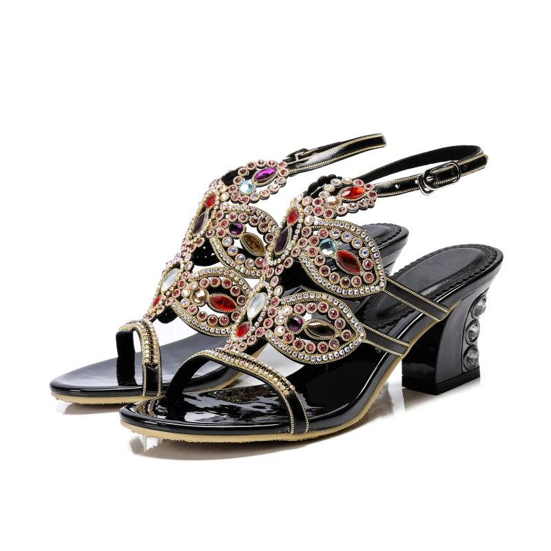 

2019 Summer Black Mask Shape Rhinestone Sandals Non-slip Versatile Fashion Rough Heel Wedding High Heels