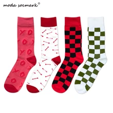 2019 New Arrival Mens Happy Socks Thermal Red White Plaid Colorful Funny Sock Men Combed Cotton Casual Crew Brand Socks for Men