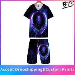 Комплект из двух предметов с 3D принтом «инопланетянин»; модные летние бейсбольные футболки + пляжные шорты; Лидер продаж 2019 года;