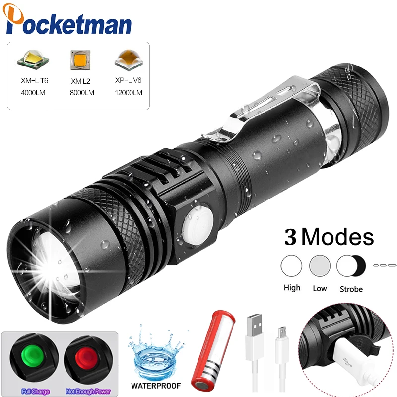 

12000LM Super Bright Led flashlight USB linterna led torch T6/L2/V6 Power Tips Zoomable Bicycle Light 18650 Rechargeable