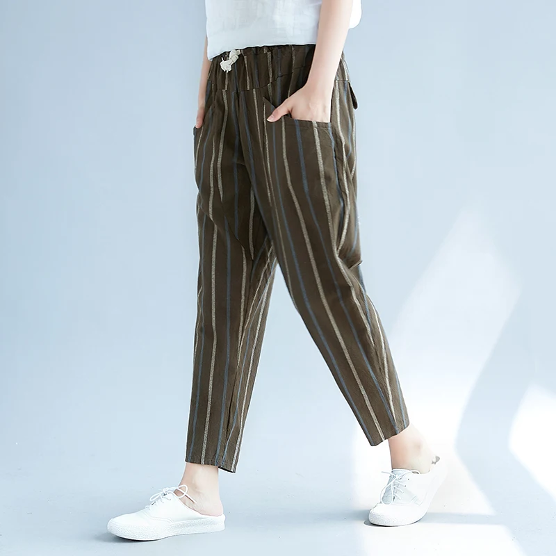 2019 Summer Cotton Linen Harem Pants Trousers Women Pockets Casual Drawstring Elastic High Waist Pants Vintage Pantalon Femme   3