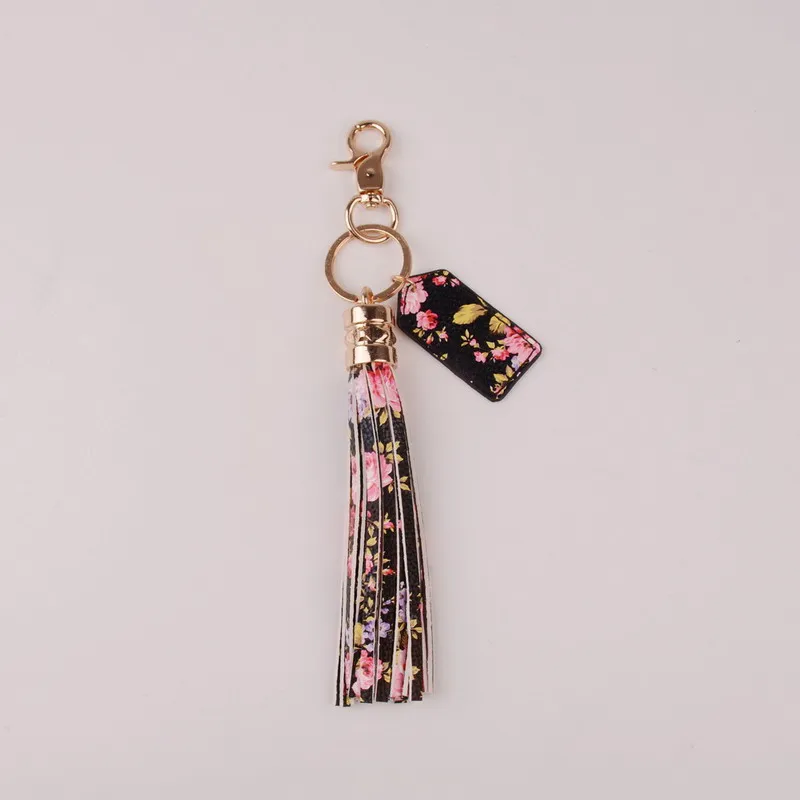 Брелок держатель Ретро ювелирные изделия многоцветный цветок монограммой длинный кожаный брелок для ключей с кисточкой, на сумку кулон брелок для автомобильных ключей, брелок с принтом - Цвет: black pink