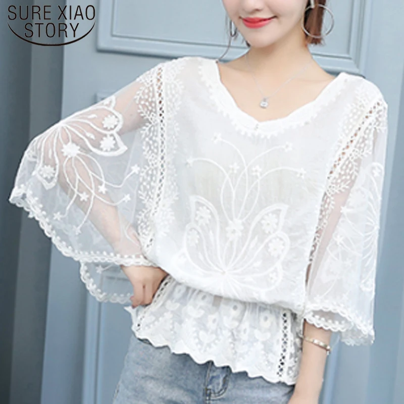 

sexy hollow out stitching lace top 2019 new korean fashion women blouse elegant female office shirt Three Quarter blouse 4478 50