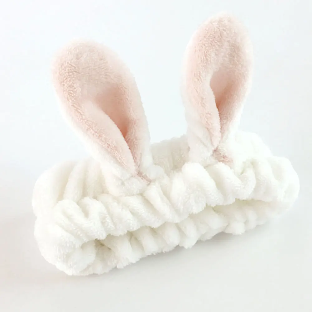 Women Fashion Makeup Headband Bath Rabbit Ears Hair Band Elastic Brimmed Soft Towel Girls Mask Tool Wash Face Coral Fleece Wide - Цвет: White