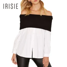 IRISIE Apparel Slim Sexy Loose Women Tops White Contrast Black Fold Elegant Shirts Off Shoulder Casual Chic Basic Blouse