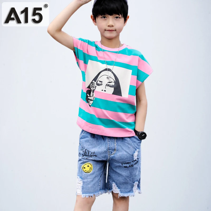 

Children's Clothing for Boys Tracksuits Set Kids Clothes Set Summer Boy Clothing Sets Stripped T Shirts Jeans Shorts 6 8 12 Year