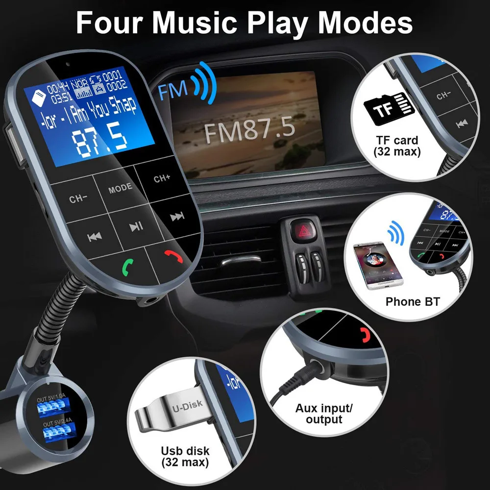 Цветной экран fm-передатчик беспроводной Bluetooth Handsfree автомобильный комплект 360 Вращающийся Автомобильный MP3 аудио с 5 В 3.1A двойной USB зарядкой#20