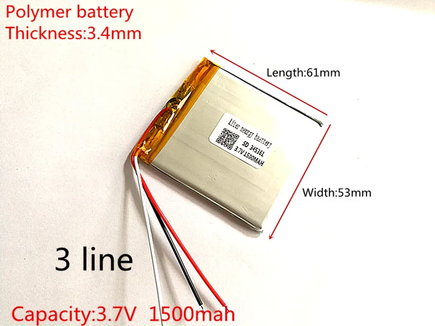 

3 line 3.7V 1500mAh 345361 Lithium Polymer Li-Po li ion Rechargeable Battery cells For Mp3 MP4 MP5 GPS PSP mobile bluetooth